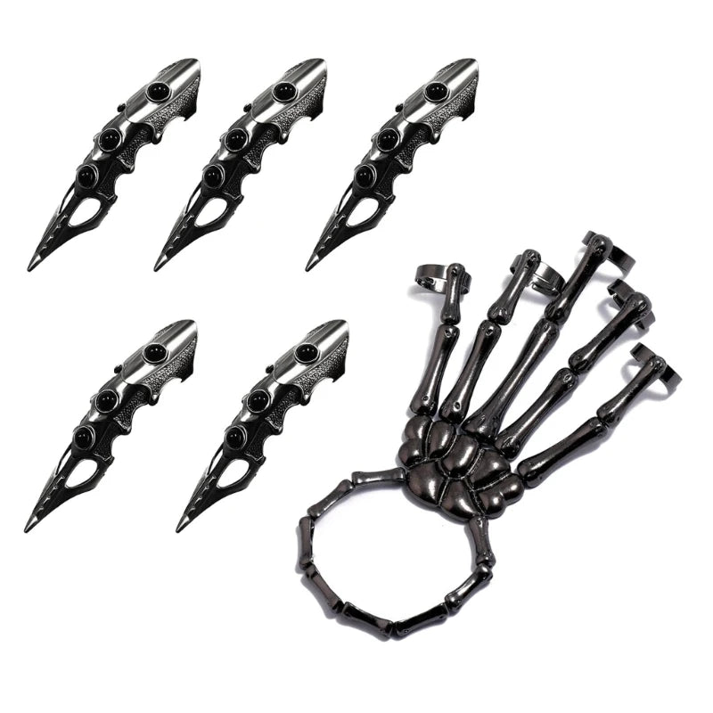 Gothic Punk Skeleton Hand Glove Adjustable Metal Finger Claw Skeleton Full Finger Rings For Halloween Cosplay Party Dropshipping