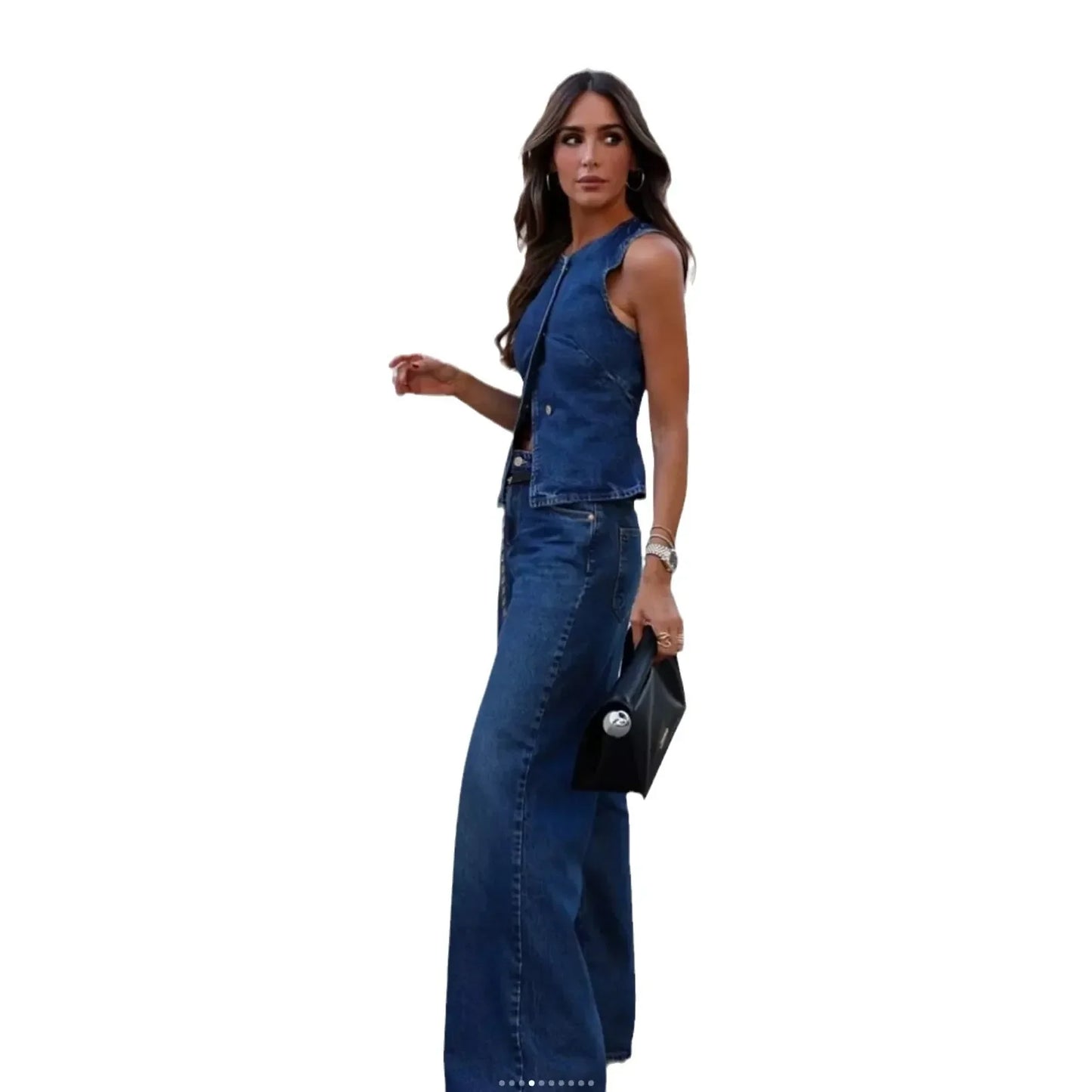 Jeans 2 Piece Set Women Streetwear Outfits Denim Vest Sleeveless Single Breasted Distressed Wide Leg Pants 2025 Casual Ensemble