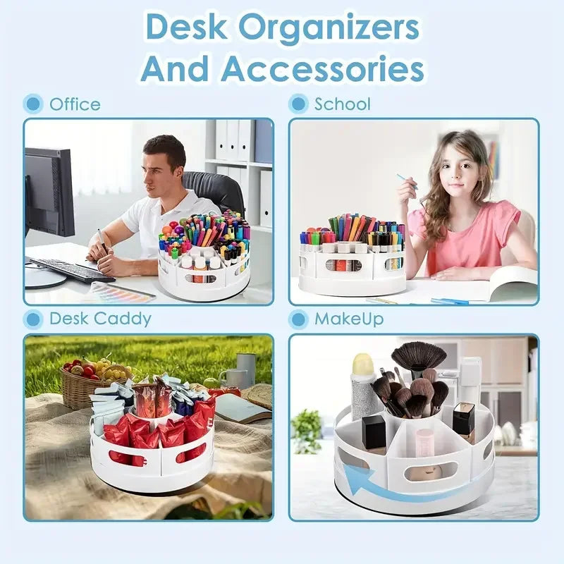 360° Rotating Desk Organizer With 7 Removable Bins Multi- Pen Holder Offices Accessories Stationery Pencil Office School