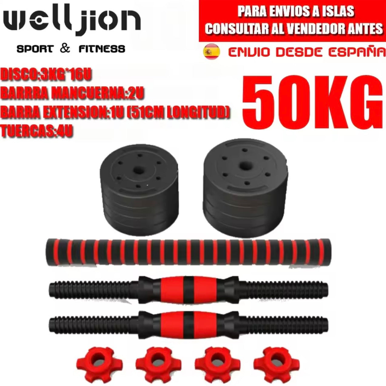 Pack de Entrenamiento 3 en 1: Mancuernas, Barra y Kettlebell (10-50 kg)