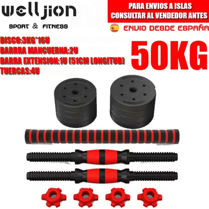 Pack de Entrenamiento 3 en 1: Mancuernas, Barra y Kettlebell (10-50 kg)