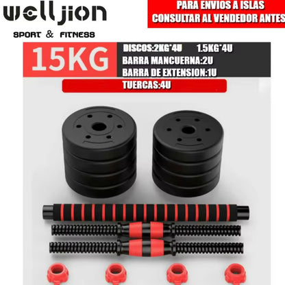 Pack de Entrenamiento 3 en 1: Mancuernas, Barra y Kettlebell (10-50 kg)