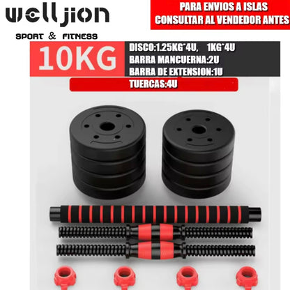 Pack de Entrenamiento 3 en 1: Mancuernas, Barra y Kettlebell (10-50 kg)