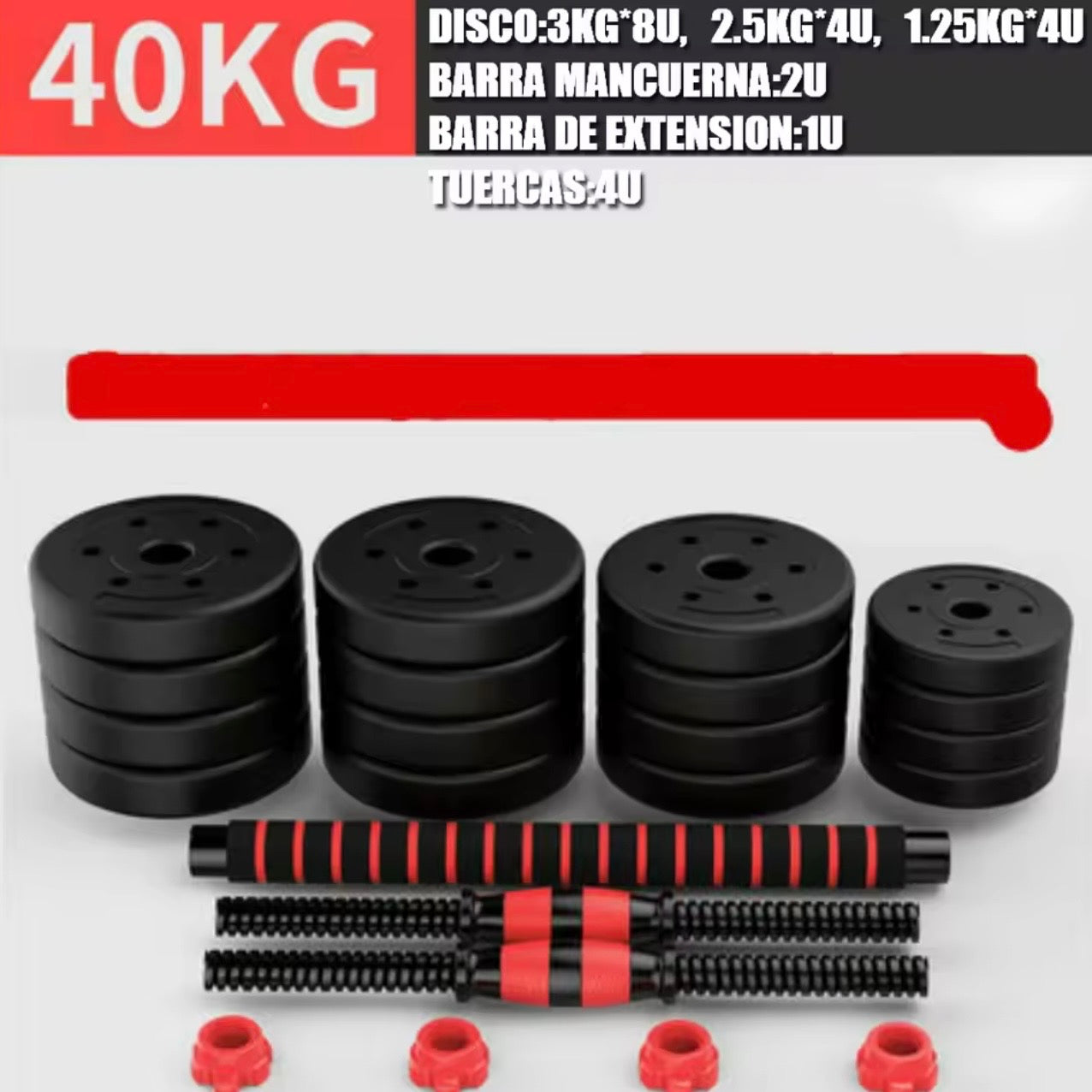 Pack de Entrenamiento 3 en 1: Mancuernas, Barra y Kettlebell (10-50 kg)