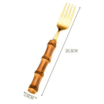 Bamboo Cutlery Sets Stainless Steel Dinnerware Sets Gold Wooden Tableware Western Food Knife Fork Teaspoon Cutleries