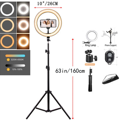 10in LED Selfie Ring Light Photography RingLight Phone Stand Holder Tripod Circle Fill Light Dimmable Lamp Youtube Video Makeup