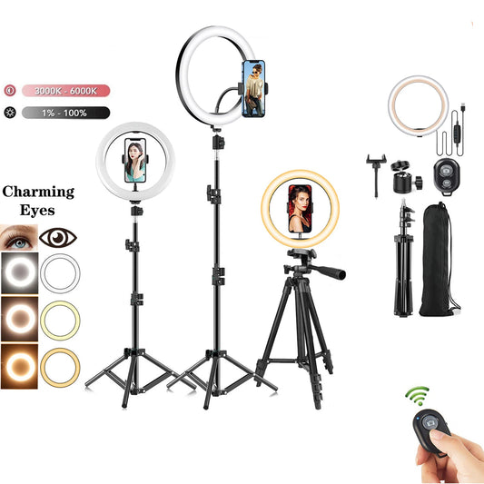 10in LED Selfie Ring Light Photography RingLight Phone Stand Holder Tripod Circle Fill Light Dimmable Lamp Youtube Video Makeup