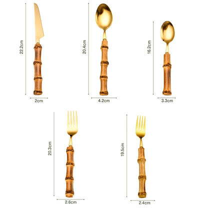 Bamboo Cutlery Sets Stainless Steel Dinnerware Sets Gold Wooden Tableware Western Food Knife Fork Teaspoon Cutleries