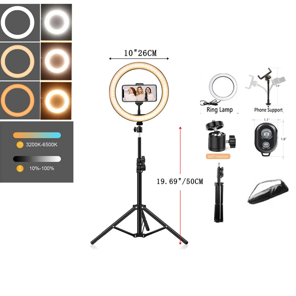 10in LED Selfie Ring Light Photography RingLight Phone Stand Holder Tripod Circle Fill Light Dimmable Lamp Youtube Video Makeup