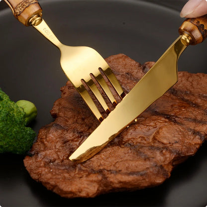 Bamboo Cutlery Sets Stainless Steel Dinnerware Sets Gold Wooden Tableware Western Food Knife Fork Teaspoon Cutleries