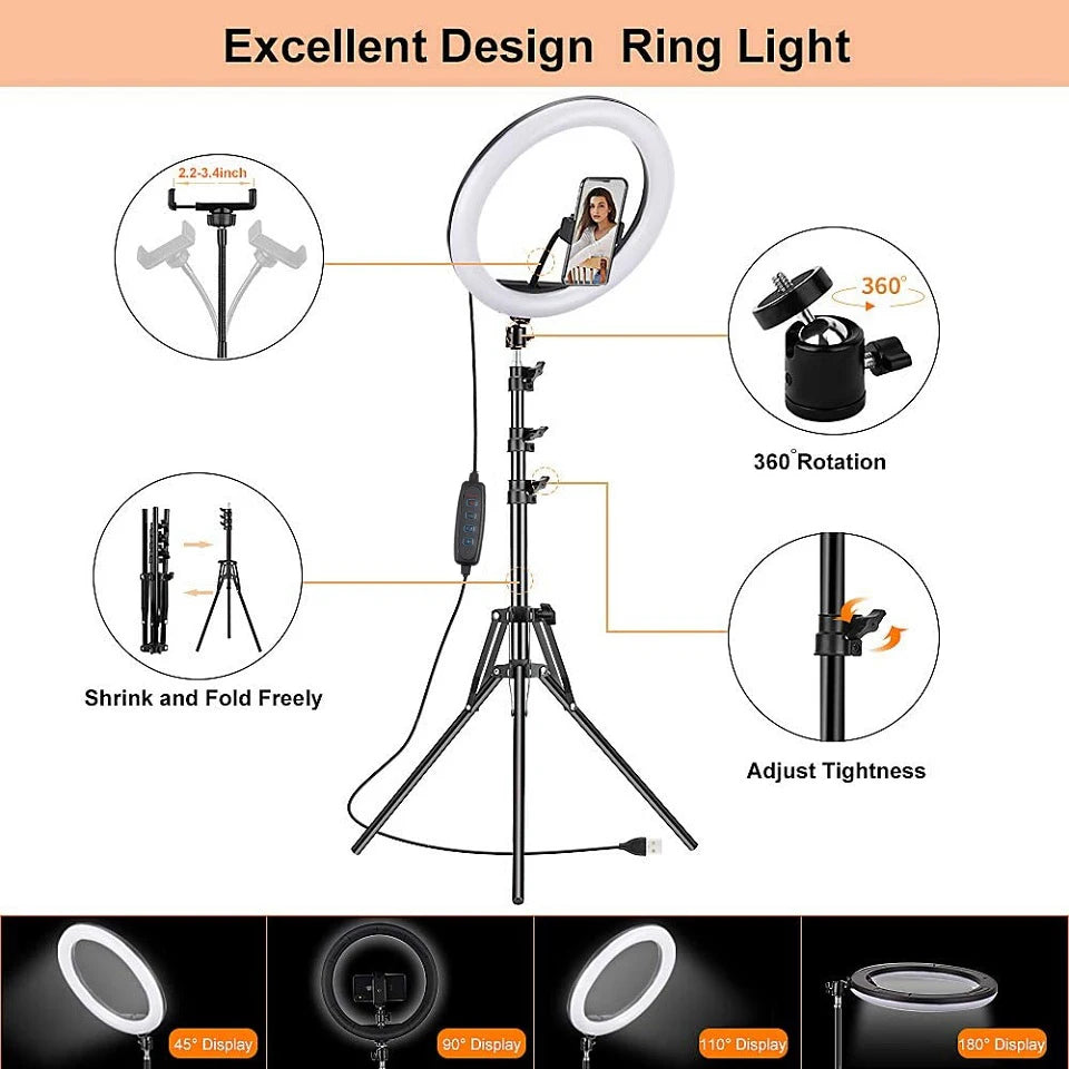 10in LED Selfie Ring Light Photography RingLight Phone Stand Holder Tripod Circle Fill Light Dimmable Lamp Youtube Video Makeup