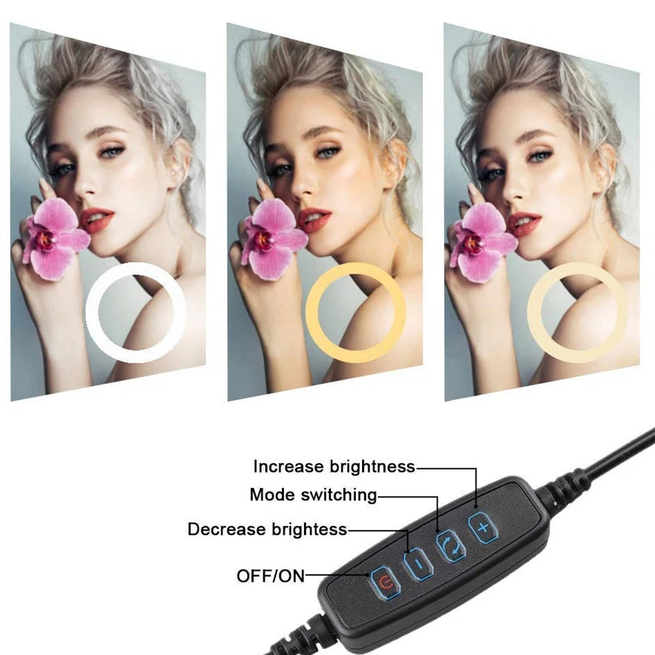 10in LED Selfie Ring Light Photography RingLight Phone Stand Holder Tripod Circle Fill Light Dimmable Lamp Youtube Video Makeup
