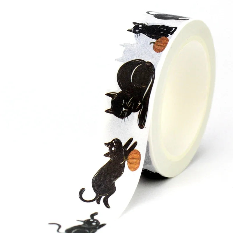 1pc 10M Deco Bat Rose Skull Black Cat Haunted House Halloween Masking Washi Tape Set for Scrapbooking Cute Journal Stationery