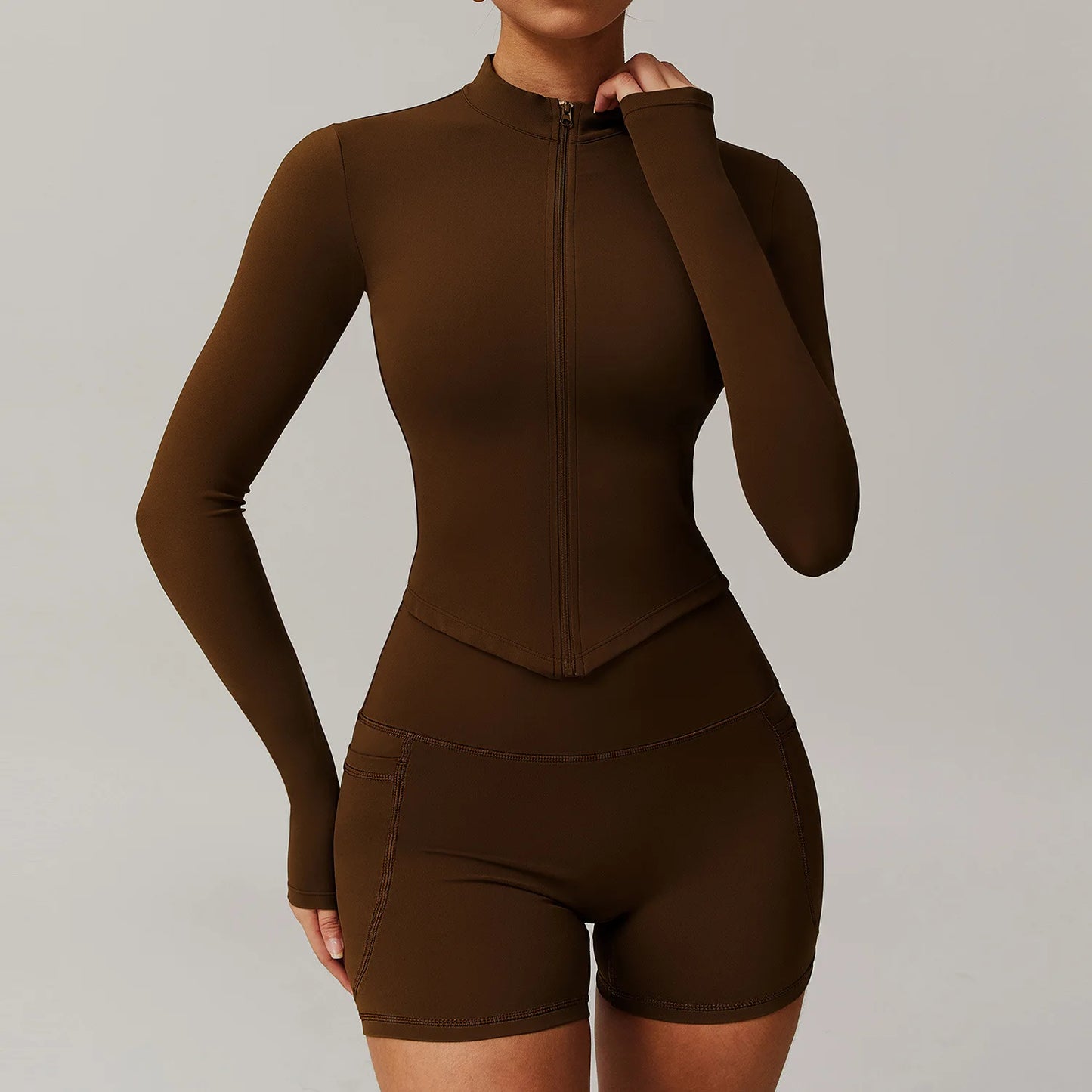 Women‘s Tracksuit Set Long Sleeve Zip Up Top & Pocket Shorts Casual Sporty Outfit for Women Two-Piece Fitness Yoga Quick-Dry Set