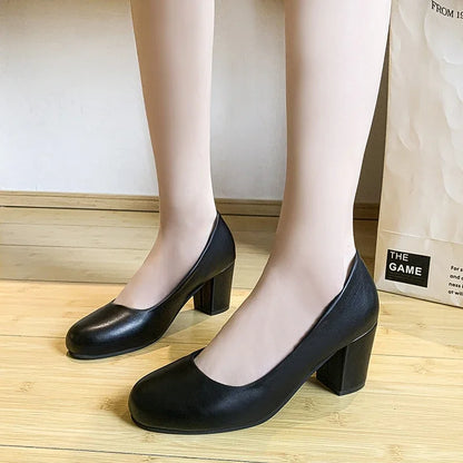 Women's Pumps Spring Autumn Round Toe Fashion Black High Quality Square Heel Party Lady Elegant Mom Slip-on Casual Basic Shoes