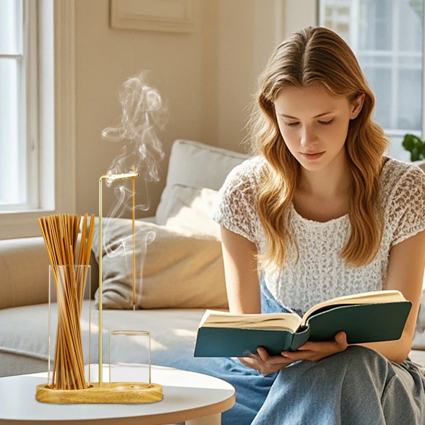 2 in 1 Incense Holder Anti-Ash Flying Incense Burne with Glass Ash Catcher and Incense Sticks Organizer for Meditation Yoga Spa