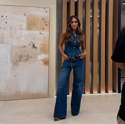 Jeans 2 Piece Set Women Streetwear Outfits Denim Vest Sleeveless Single Breasted Distressed Wide Leg Pants 2025 Casual Ensemble