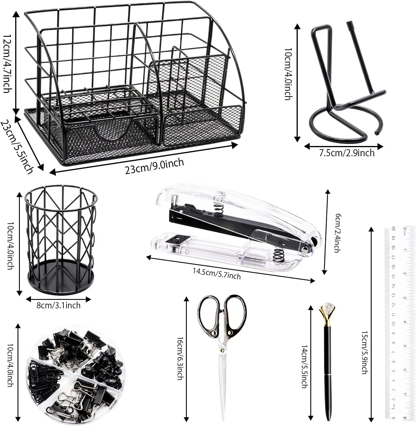 Desk Organizers Accessories Office Supplies Set Stapler, Pen Holder, Phone Holder, Scissors, Pen, Ruler, 30 Paper Clips, 22 Bind