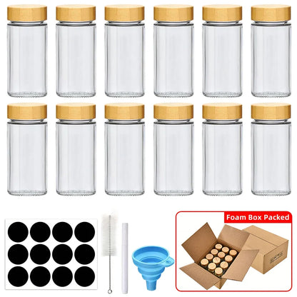 12 pcs Glass Spice Jars with Bamboo Lids Include with Minimalist Spice Labels Stickers Collapsible Funnel Kitchen Spice Jar Set