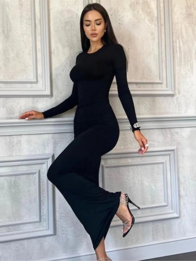 Trend Solid Color Slim Long Dresses Women Spring Autumn New Long Sleeve O Neck Package Hip Bodycon Dress Vestido Lady Streetwear