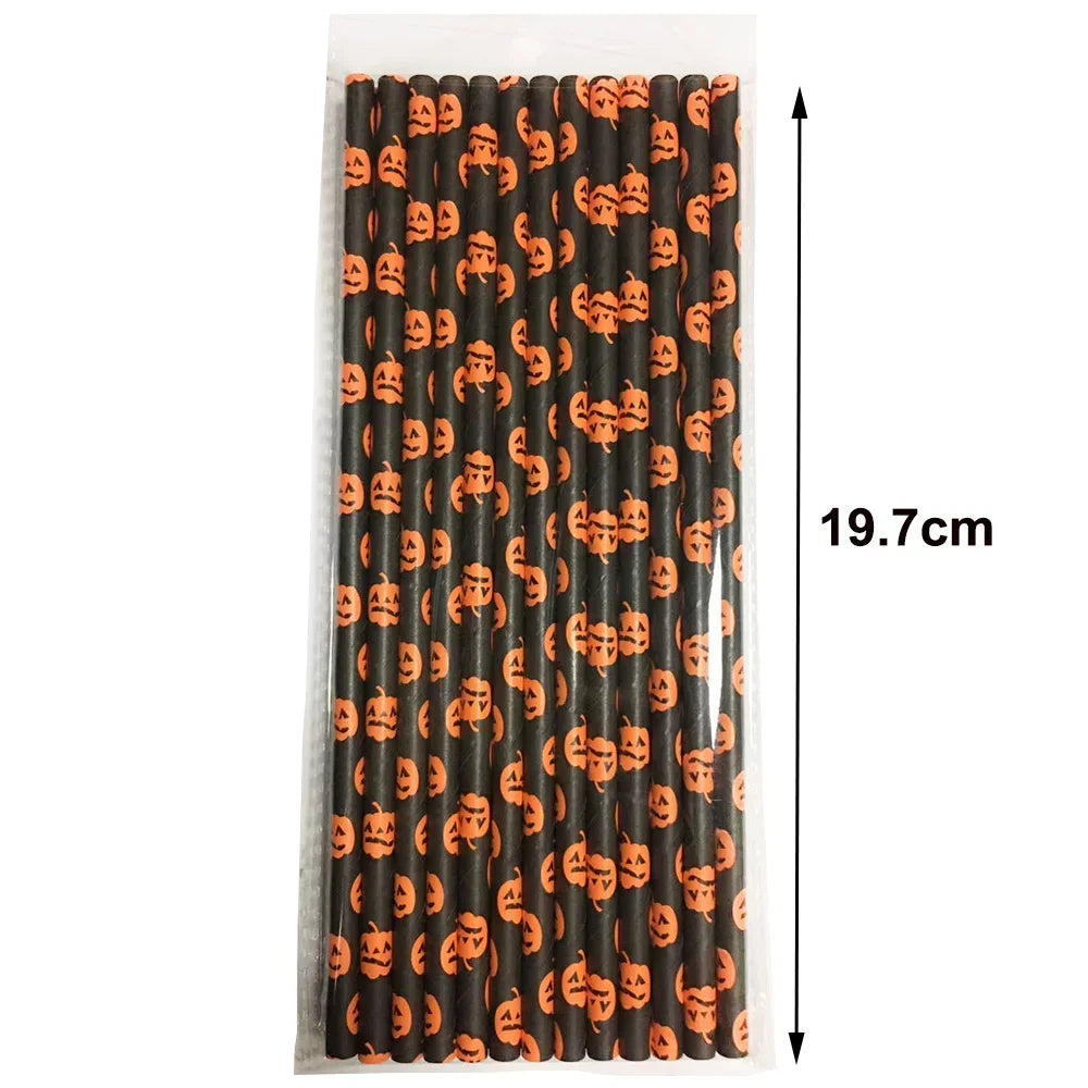 25/100pcs Halloween Party Paper Straws Biodegradable Bat Pumpkin Spider Straws for Spooky Halloween Party Halloween Decoration
