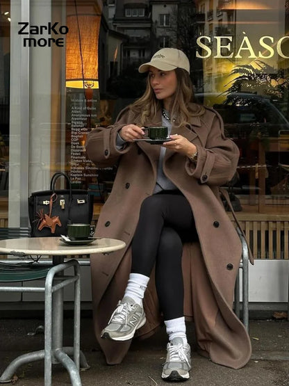 Elegant Belt Long Wollen Coat Women