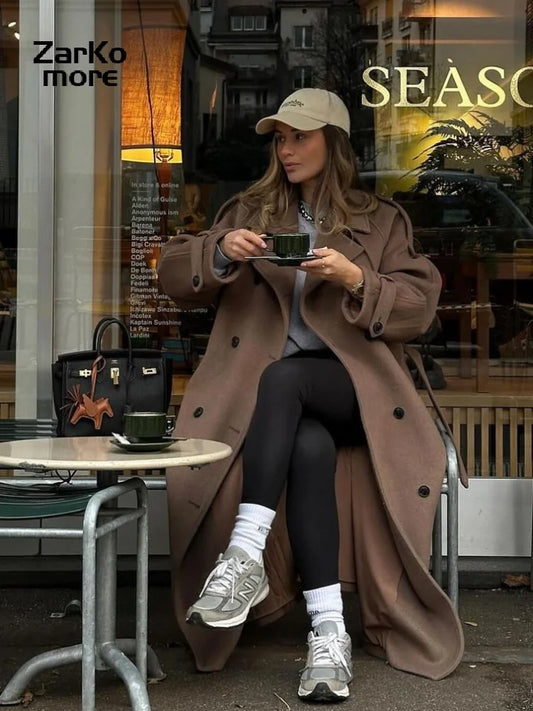 Elegant Belt Long Wollen Coat Women