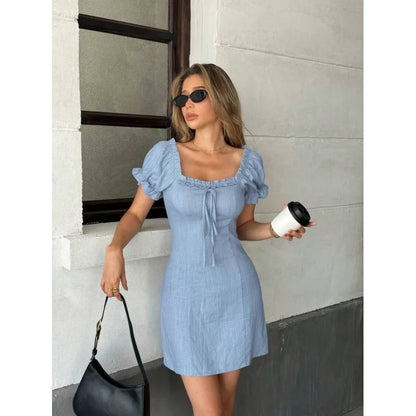 Women Summer French Style Square Collar Bubble Sleeve Dress Waist-Cinching Back Zipper Mini Dress Elegant Slimming Dress