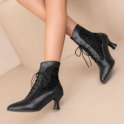 Lace-up Women Ankle Boots Middle Heels Custom Lace Pointed Toe Autumn Winter Women Shoes Black Red White Short Booties WSH4927