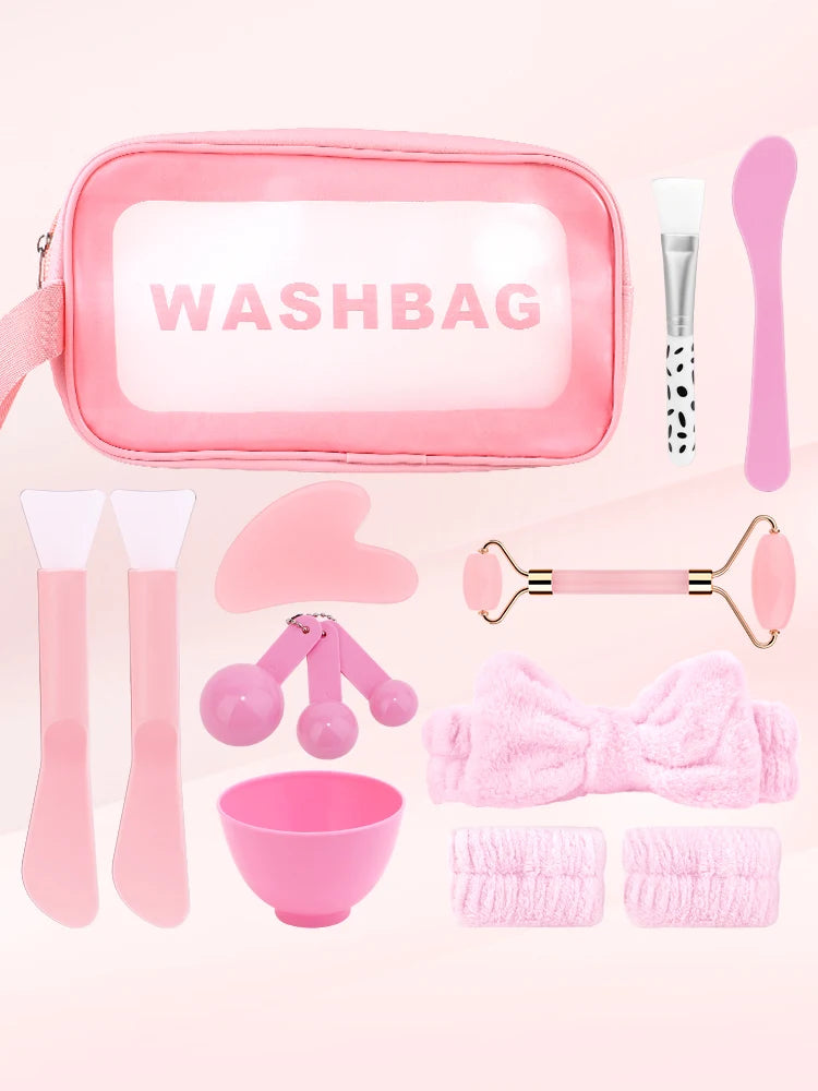 7/12PCS facial mask care kit, including pink hair band, massager scraping board and other exquisite facial care tools.