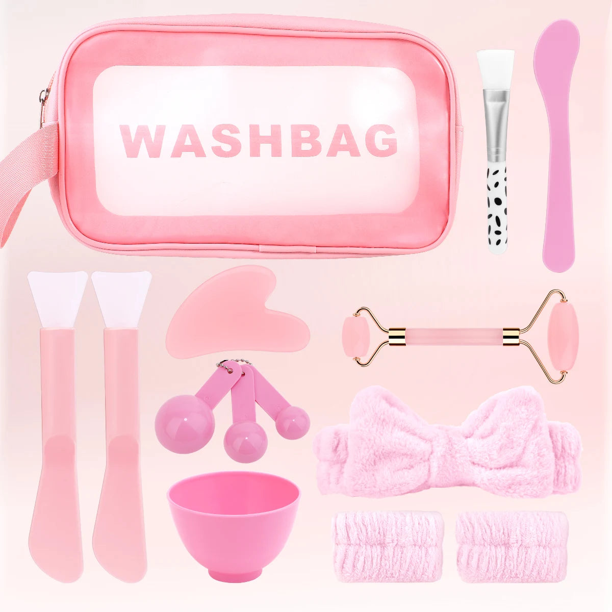 7/12PCS facial mask care kit, including pink hair band, massager scraping board and other exquisite facial care tools.