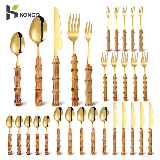 Bamboo Cutlery Sets Stainless Steel Dinnerware Sets Gold Wooden Tableware Western Food Knife Fork Teaspoon Cutleries