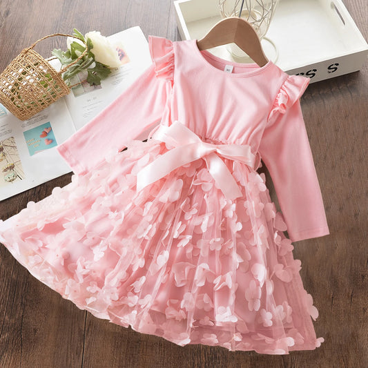 2024 Autumn Winter Girls Long Sleeves Dress 3D Floral Fashion Children Birthday Party Vestidos Baby Fall Clothes for 3-8 Yrs