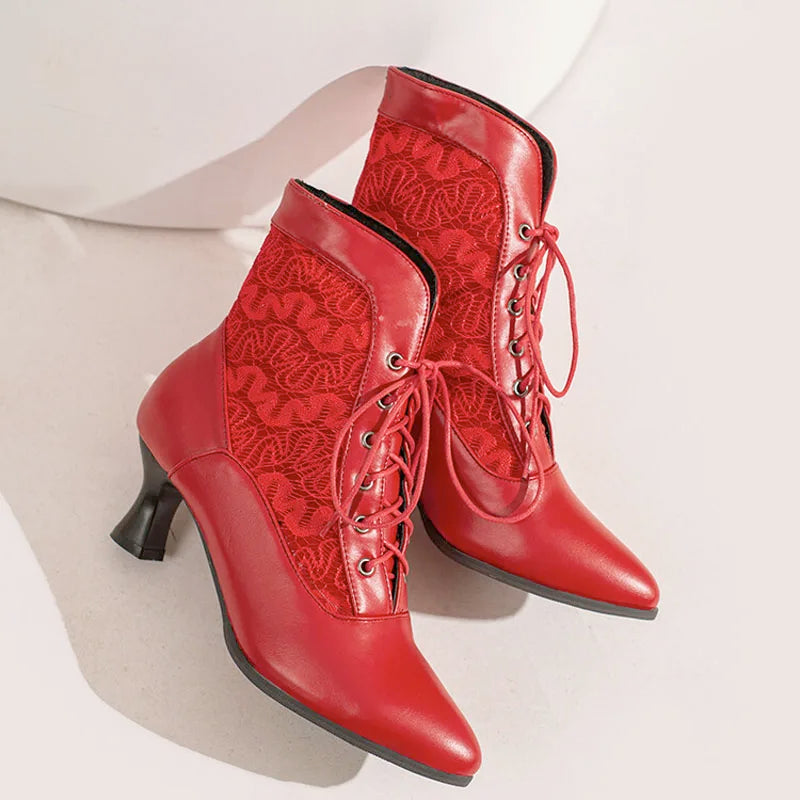 Lace-up Women Ankle Boots Middle Heels Custom Lace Pointed Toe Autumn Winter Women Shoes Black Red White Short Booties WSH4927