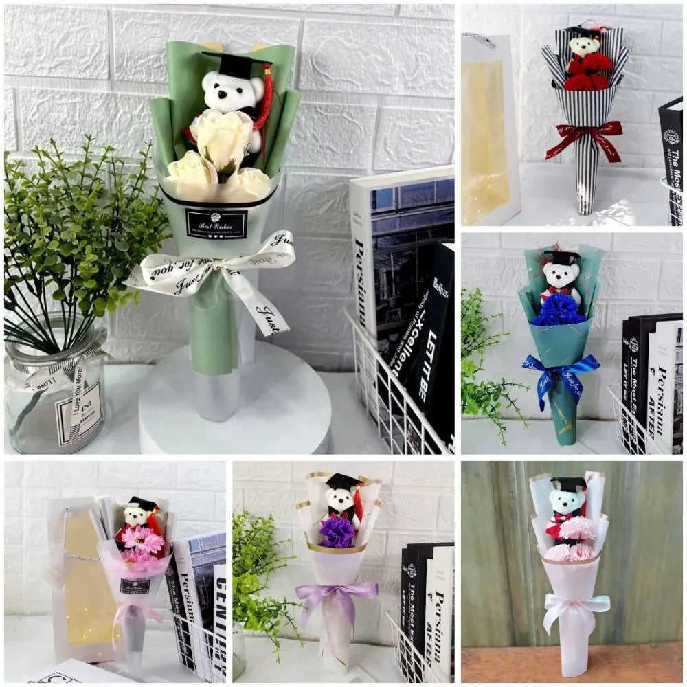 New Sunflower Bear Bouquet Bouquet Decoration Rose Sunflower Soap Flower Graduation Gift Valentine'S Day Cartoon Lovely Bear