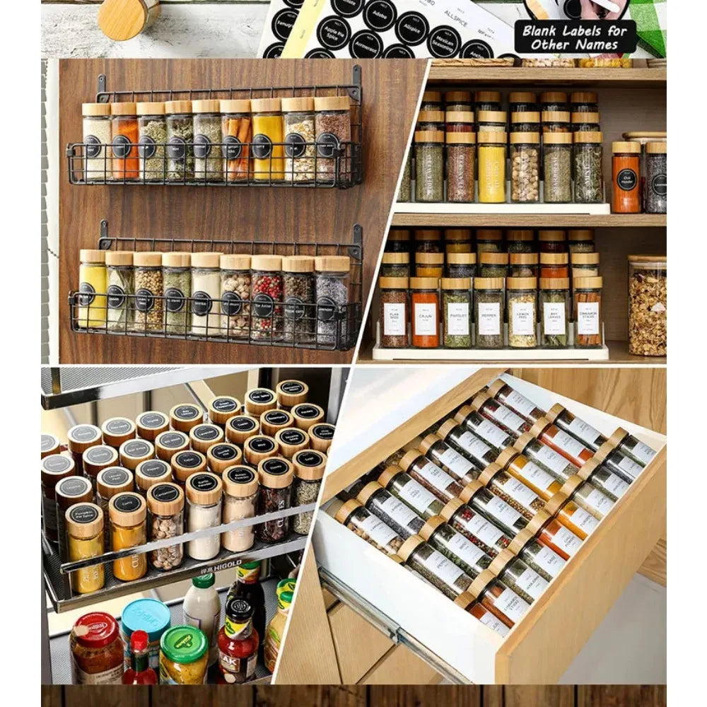 12 pcs Glass Spice Jars with Bamboo Lids Include with Minimalist Spice Labels Stickers Collapsible Funnel Kitchen Spice Jar Set