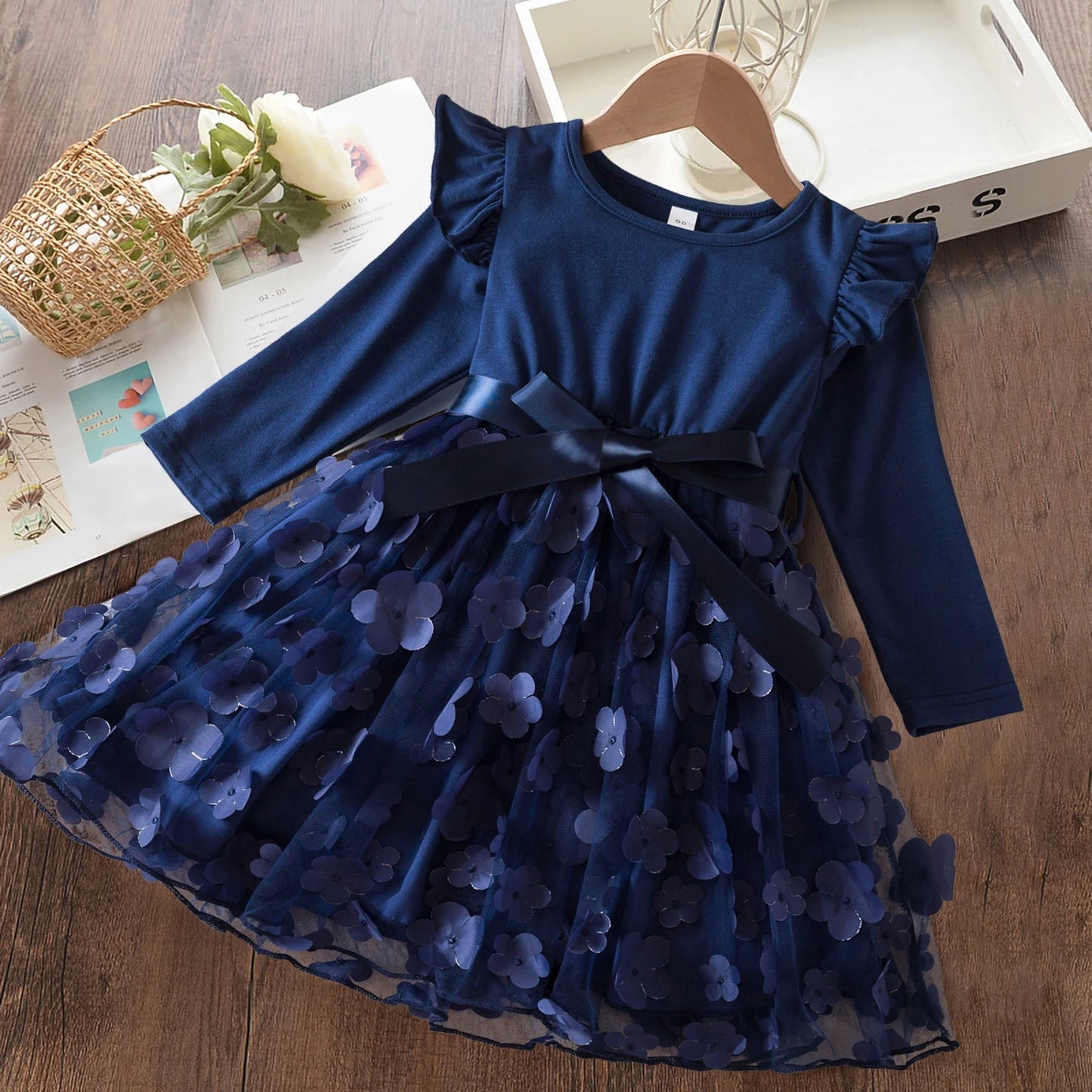 2024 Autumn Winter Girls Long Sleeves Dress 3D Floral Fashion Children Birthday Party Vestidos Baby Fall Clothes for 3-8 Yrs