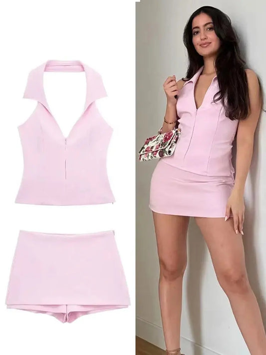 Women Casual Skirts Shorts Set Chic Halter Shirt Neck Backless Top & Shorts Sweet Pink Summer Shorts Sets