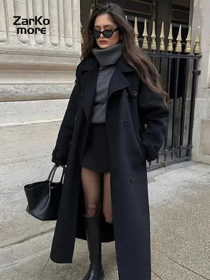 Elegant Belt Long Wollen Coat Women