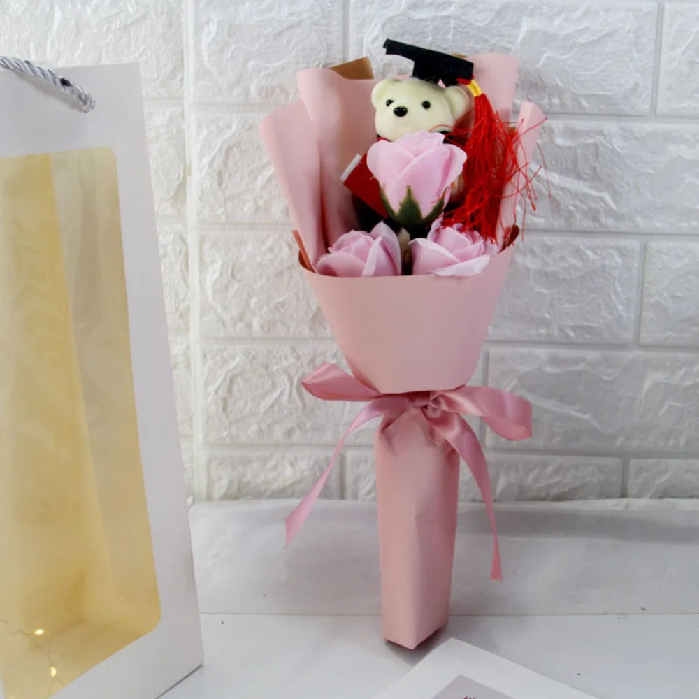 New Sunflower Bear Bouquet Bouquet Decoration Rose Sunflower Soap Flower Graduation Gift Valentine'S Day Cartoon Lovely Bear