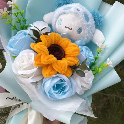 Cartoon My Melody Kuromi Cinnamoroll Kt Cat Plush Doll Holding Flower Bouquet Valentine's Day Christmas Graduation Birthday Gift