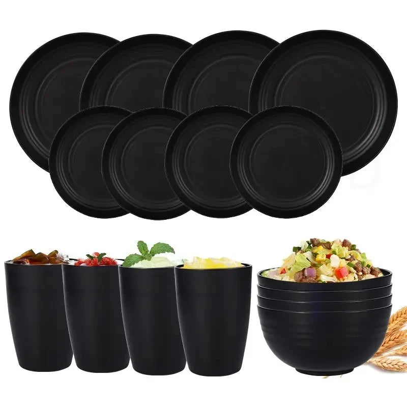 16 PCS| Plates and Bowls Sets for 4, Unbreakable Dinner Plate, Dessert Plates, Cereal Bowl, Drinking Cups, Microwave Safe Dishes