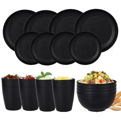 16 PCS| Plates and Bowls Sets for 4, Unbreakable Dinner Plate, Dessert Plates, Cereal Bowl, Drinking Cups, Microwave Safe Dishes