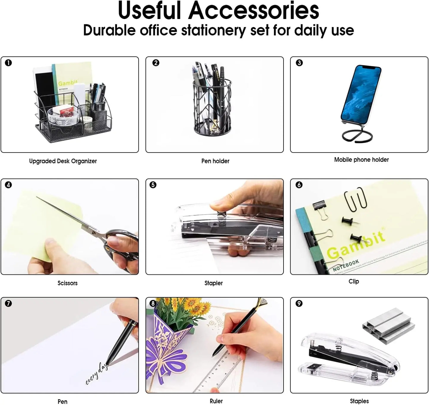 Desk Organizers Accessories Office Supplies Set Stapler, Pen Holder, Phone Holder, Scissors, Pen, Ruler, 30 Paper Clips, 22 Bind