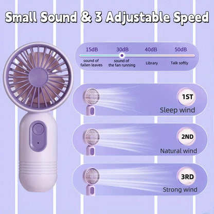 Mini Handheld Fan 3-Speed ​​Strong Wind USB Recarregable Long Lasting Portable Desk Fan For Students Office Outdoor Travel Camping