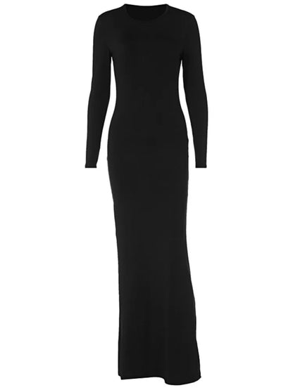 Trend Solid Color Slim Long Dresses Women Spring Autumn New Long Sleeve O Neck Package Hip Bodycon Dress Vestido Lady Streetwear
