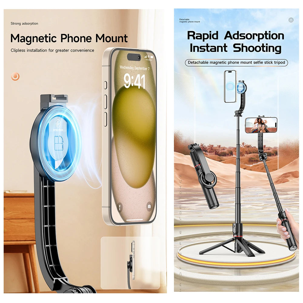 Magnetic Extendable Selfie Stick Detachable Mount Tripod Holder Stand with Bluetooth Wireless Remote for Magsafe IPhone Android