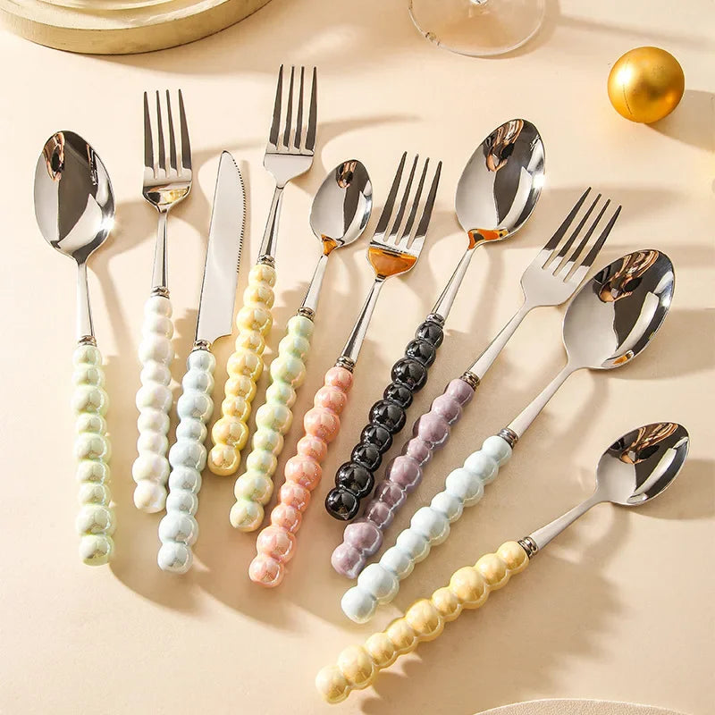 Ceramic Pearl Handle Cutlery Set Knife Fork Spoon Creative Cute Soup Spoon Western Food Steak Knife Spoon and Fork Set
