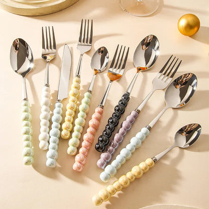 Ceramic Pearl Handle Cutlery Set Knife Fork Spoon Creative Cute Soup Spoon Western Food Steak Knife Spoon and Fork Set