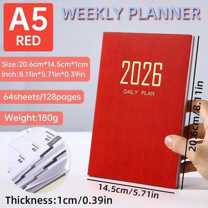 2026 A5 Weekly Planner Durable PU Cover 365 Days Daily Schedule Notebook Compact Calendar Journal School Office Agenda Organizer
